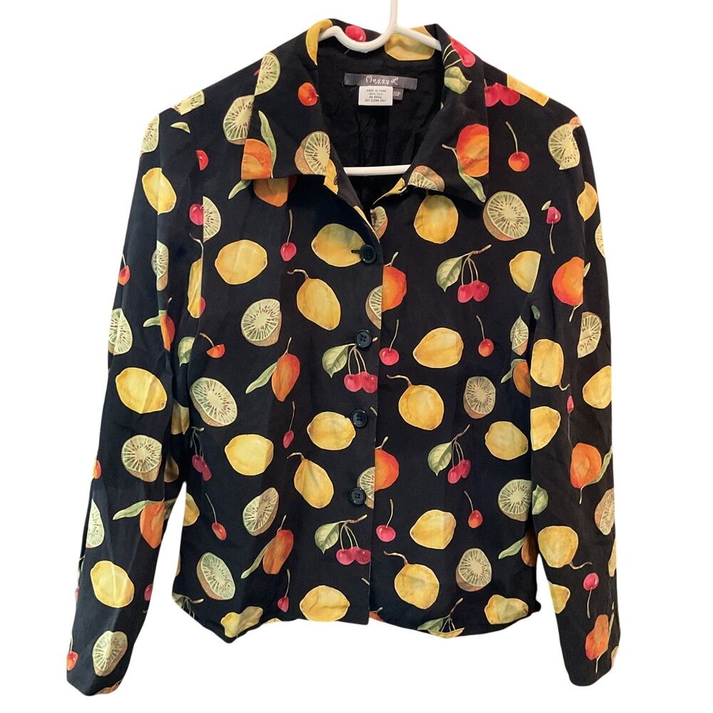 Vintage Maggy L 10P 100% Silk Blouse Kiwi Lemon Cherries Fruit Motif